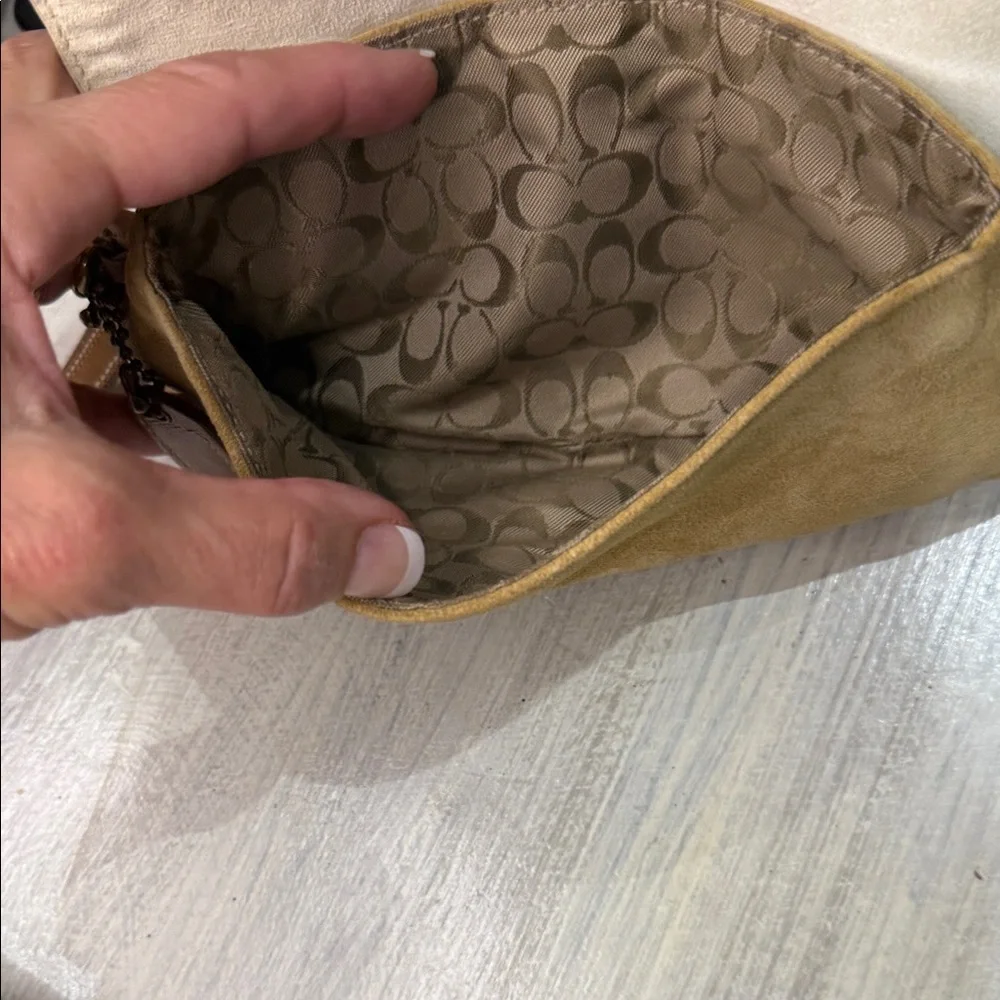 Vintage Coach Legacy Tan and Brown Suede Wristlet with Gold Hardware
